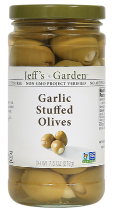 Jeffs Garden Garlic Stuffed Olives 7.5 Oz