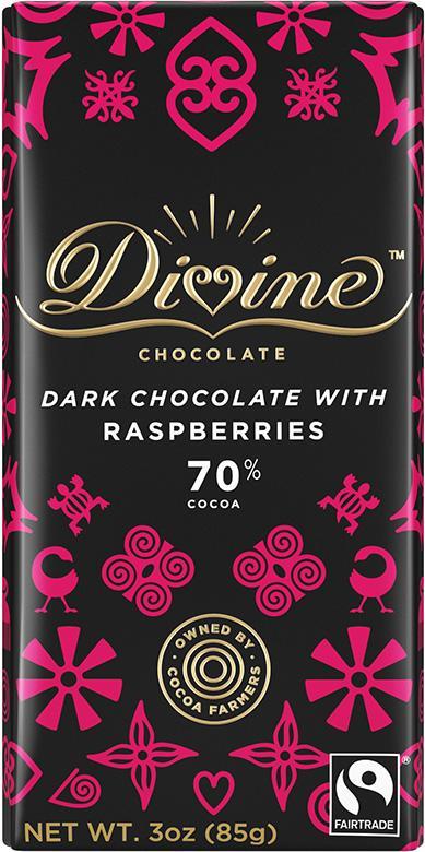 Divine 70% Dark Choc Raspberries Bar 3 Oz